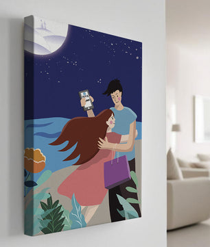 Pareja romántica abrazándose bajo una noche iluminada por la luna