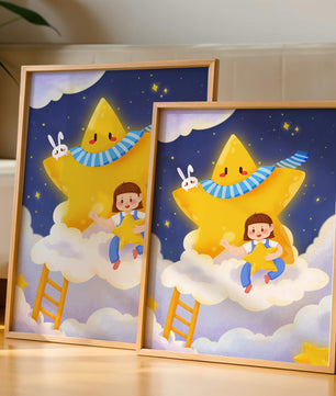 Enfant fantaisiste assis sur un nuage avec une étoile et un lapin dans le ciel nocturne