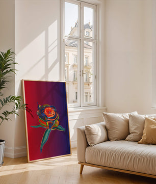 Rosa abstracta vibrante con colores dinámicos sobre fondo degradado