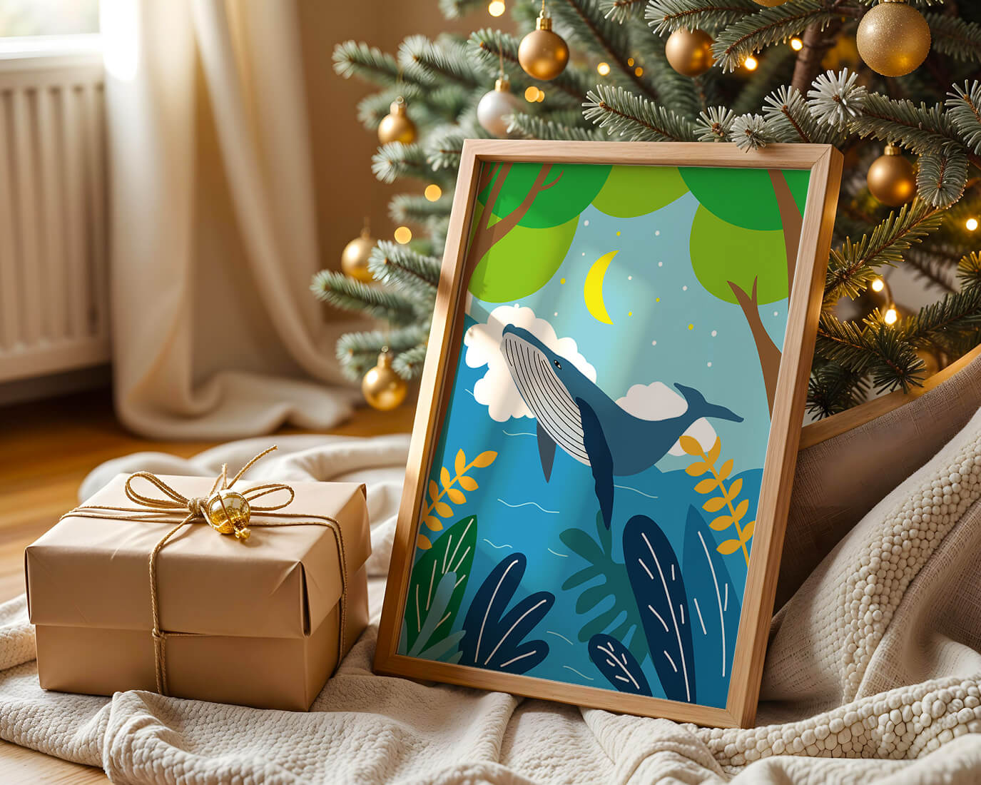 Illustration of a whale in a colorful forest scene with moon and plants