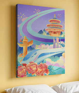 Colorful futuristic landscape with traditional Chinese architecture and high-speed train