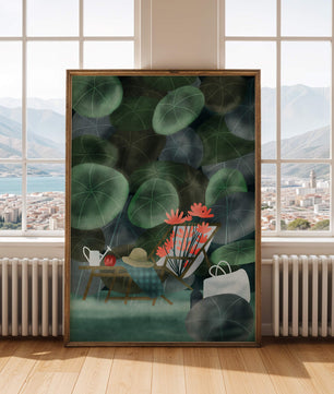 Garden Scene with Flowers, Table, and Chair in a Leafy Backdrop