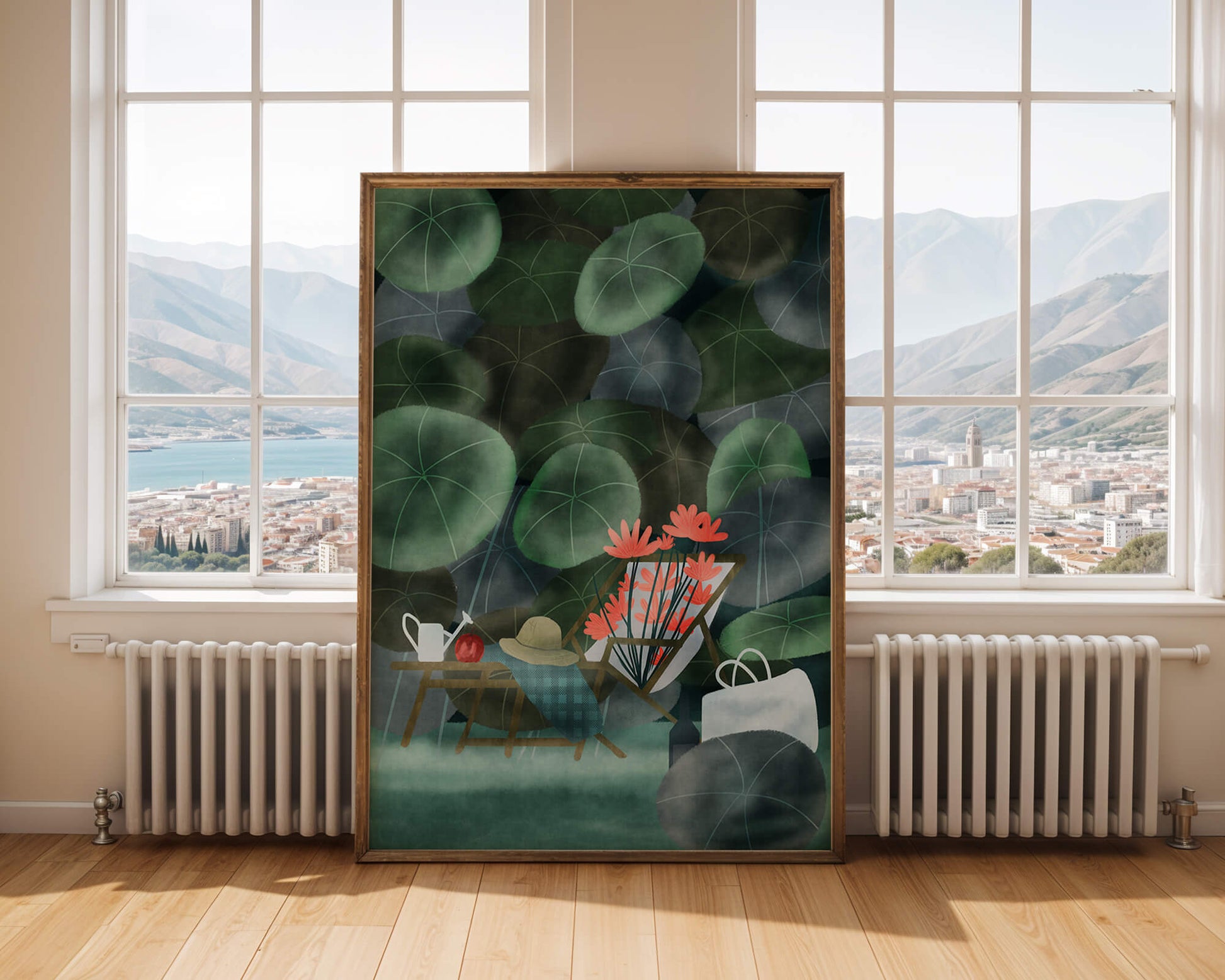 Garden Scene with Flowers, Table, and Chair in a Leafy Backdrop