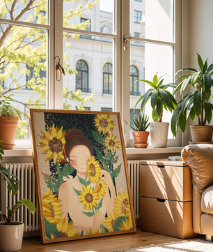 Young woman surrounded by vibrant sunflowers in a serene setting