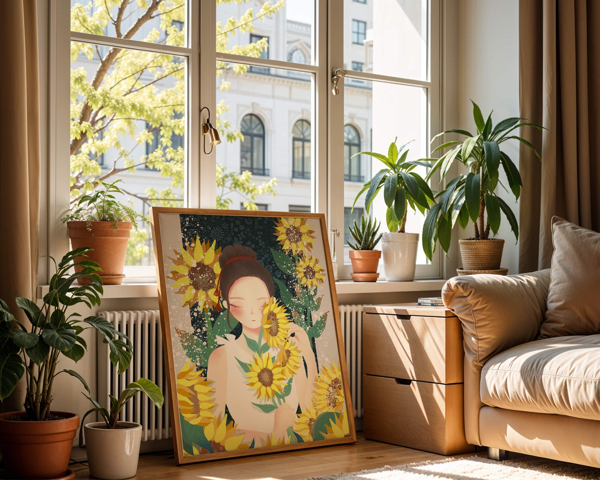 Young woman surrounded by vibrant sunflowers in a serene setting