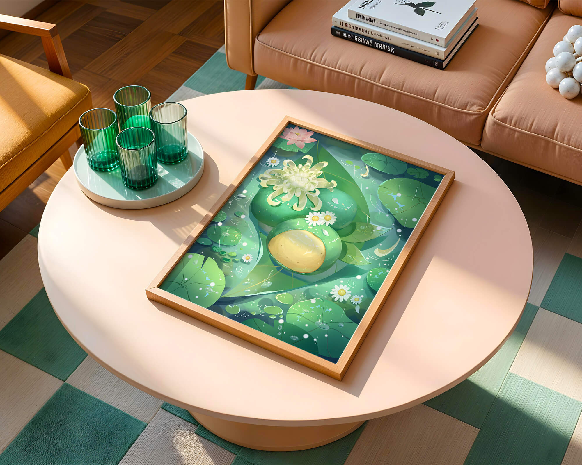 Lush aquatic scene with lotus flowers and green leaves