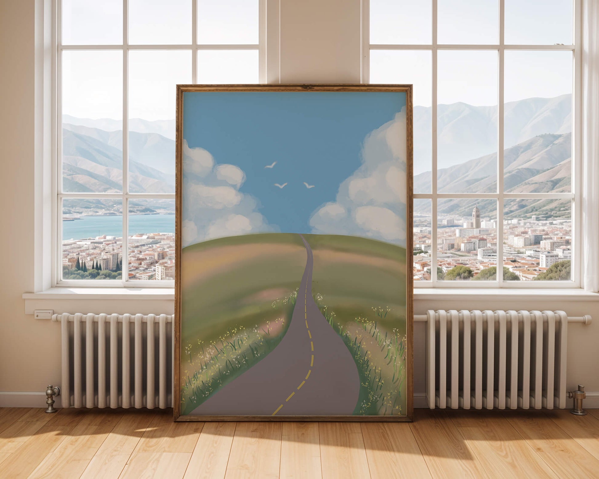 Serene countryside road with vibrant sky and rolling hills