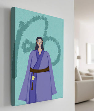 Personaje con atuendo tradicional sobre fondo texturizado