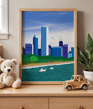Paisaje urbano moderno con skyline y frente al agua en un estilo vibrante
