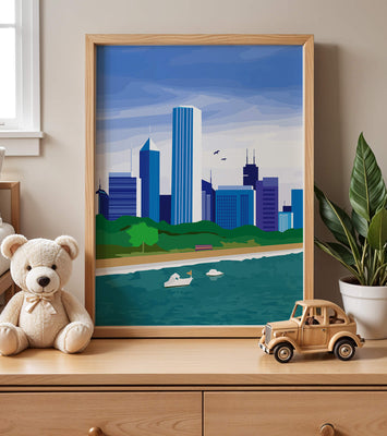 Modern cityscape with skyline and waterfront in a vibrant style