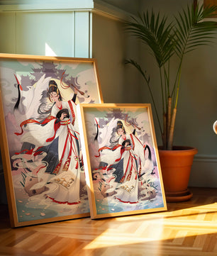 Elegant Asian Artistry with a Crane and Traditional Attire