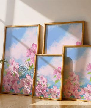 Ilustración de flores rosadas contra un cielo azul vibrante con nubes