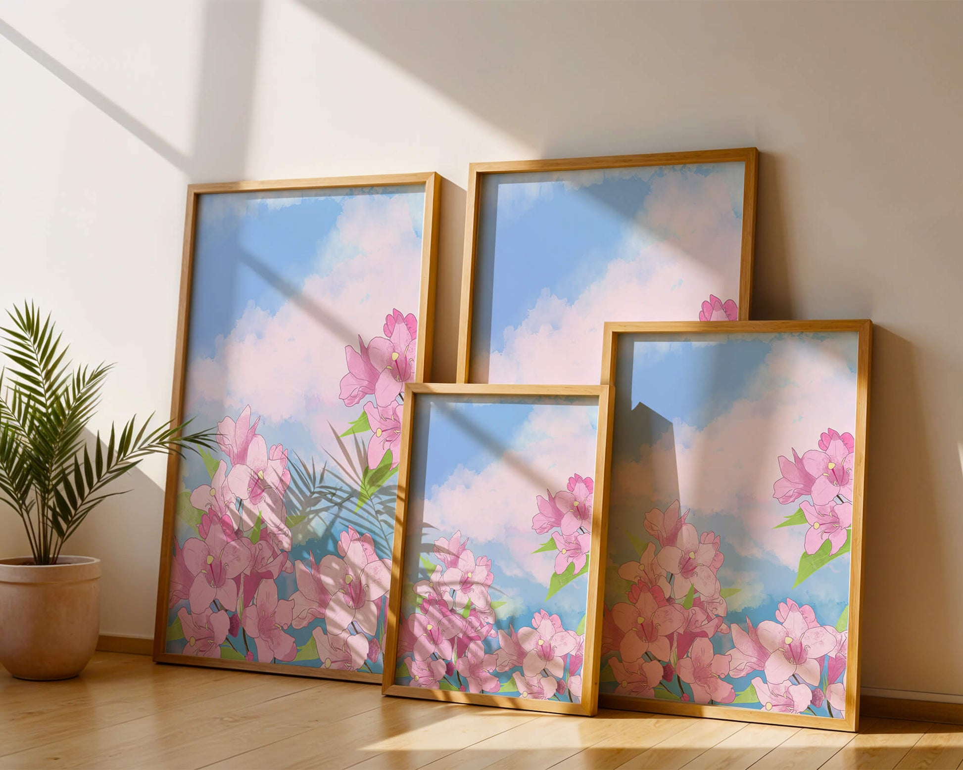 Ilustración de flores rosadas contra un cielo azul vibrante con nubes
