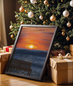 Serene Sunset Overlooking the Ocean with a Wooden Bench