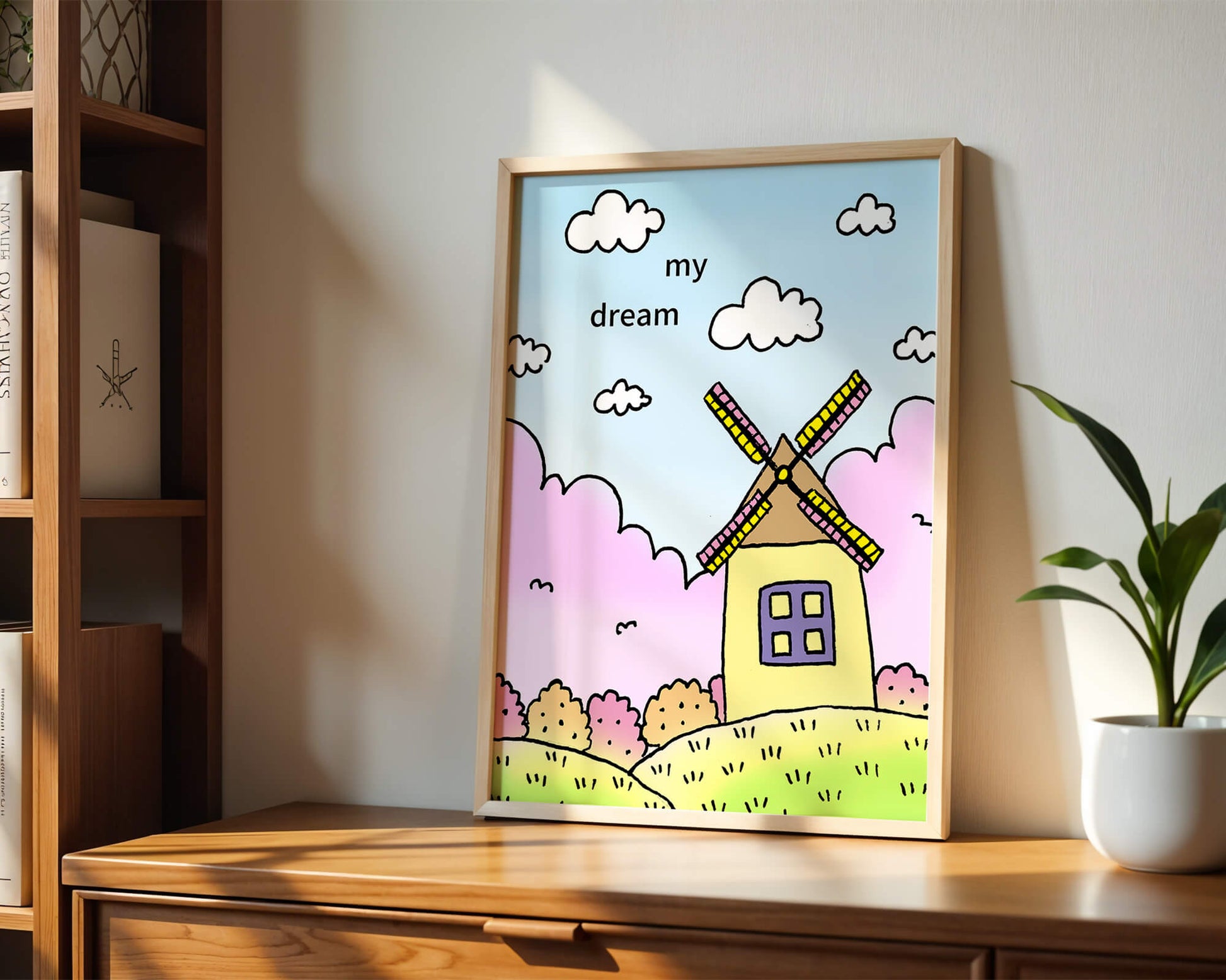 Windmill in a pastel landscape with fluffy clouds and bushes