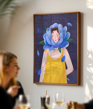 Illustration of woman with blue flower head and yellow dress
