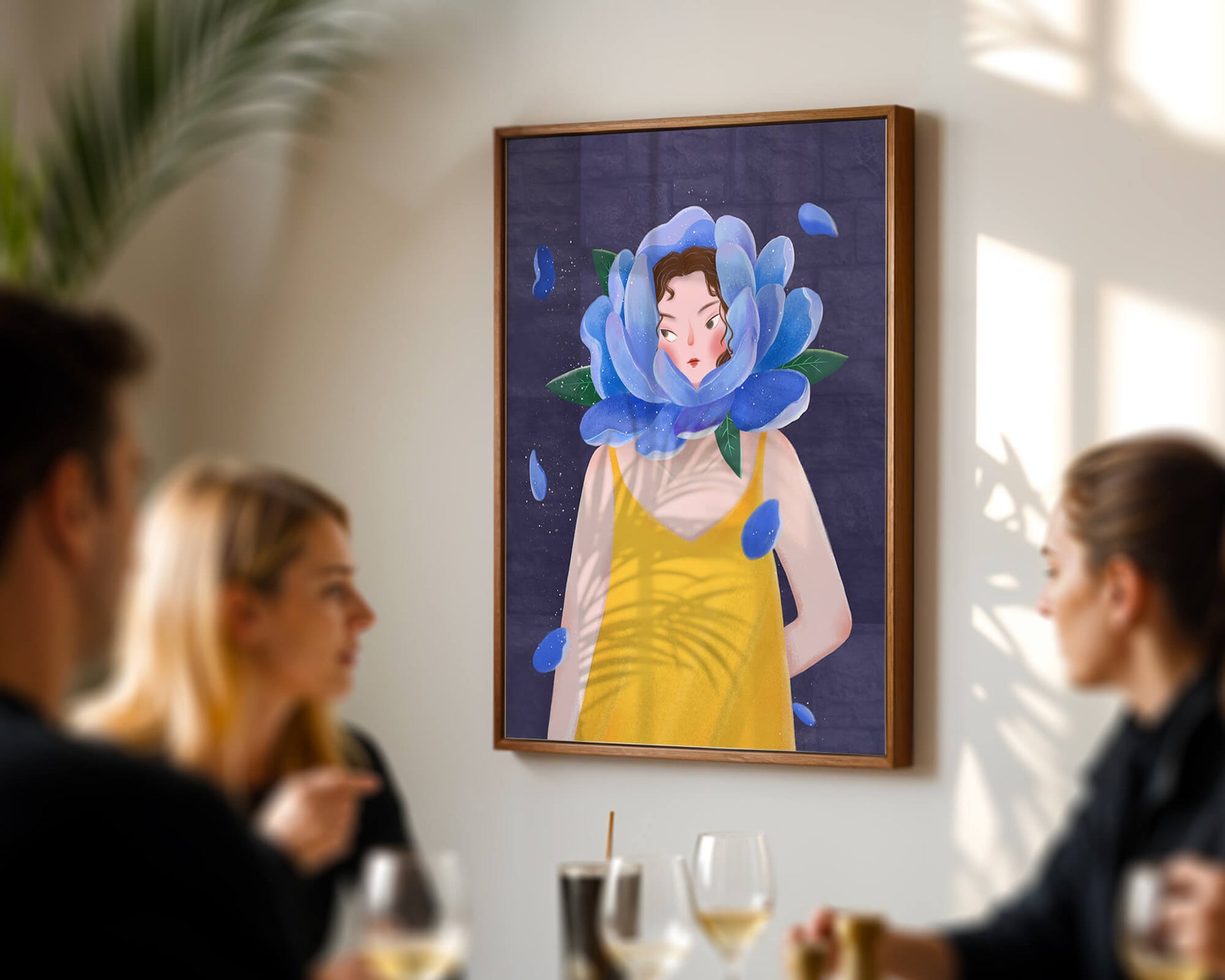 Illustration of woman with blue flower head and yellow dress