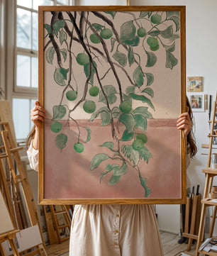Branches With Green Apples And Leaves Over Pink Background