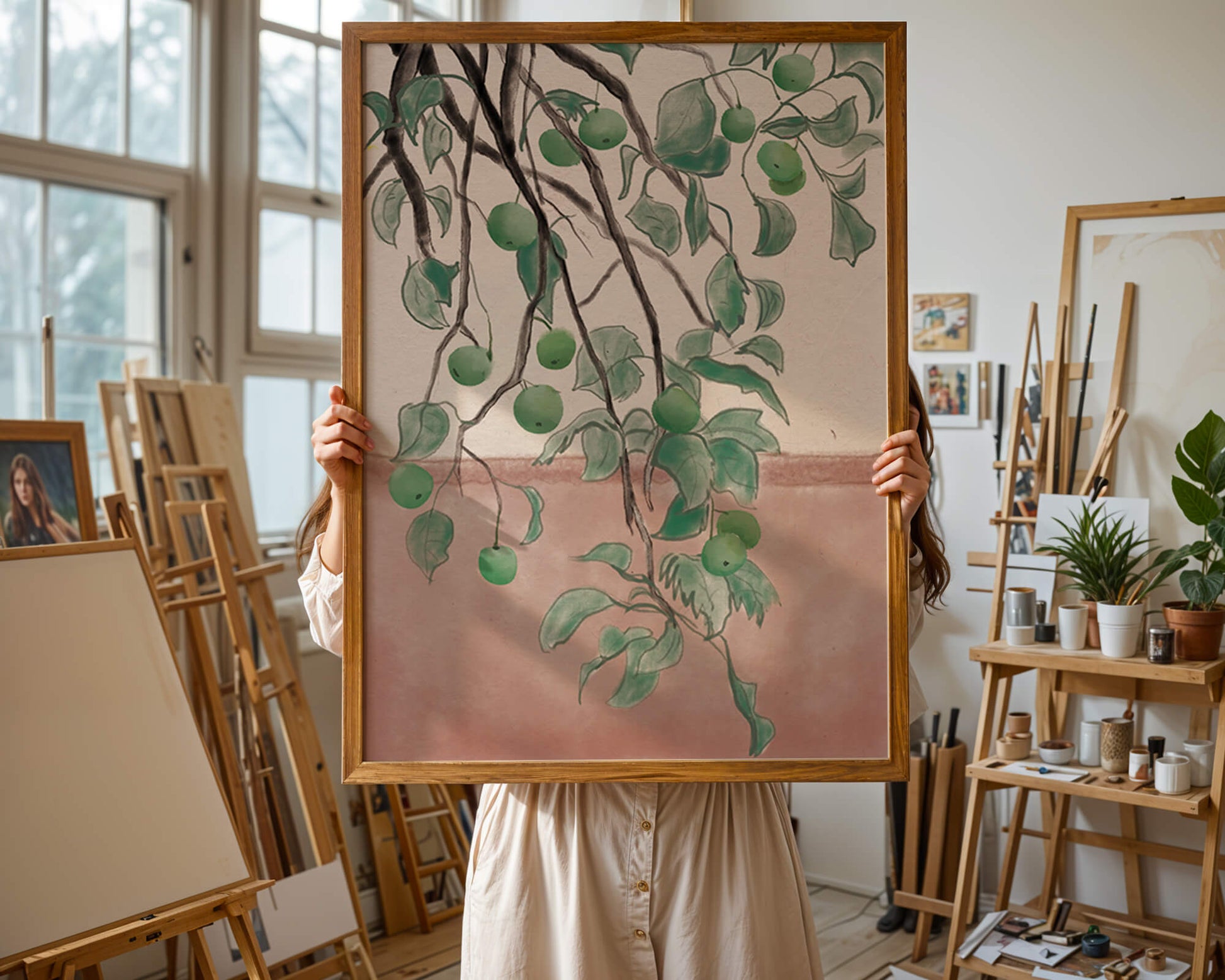 Branches With Green Apples And Leaves Over Pink Background