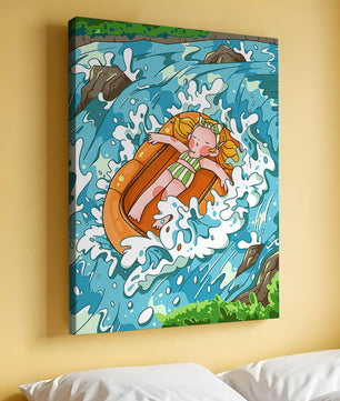 Adventurous raft ride down a vibrant cartoon river with character