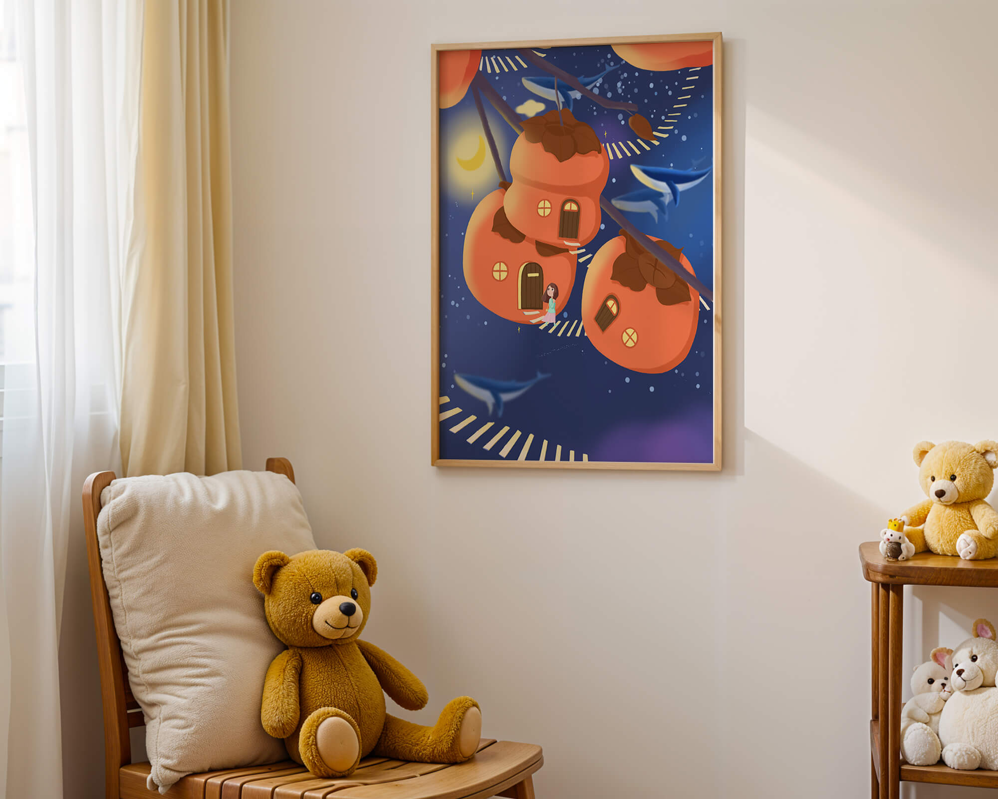 Whimsical night scene with floating persimmon houses and swimming whales