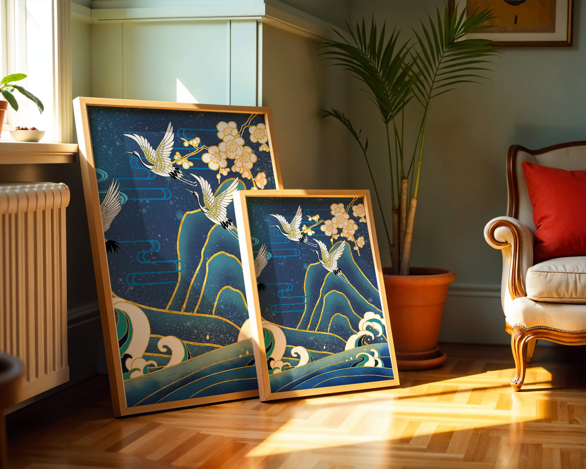 Elegant Cranes in Flight over Ocean Waves with Golden Accents and Blossoms