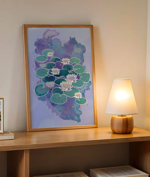 Serene aquatic scene with water lilies on abstract colorful background