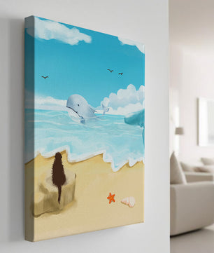 Meeresblick mit Wal und Elemente am Strand