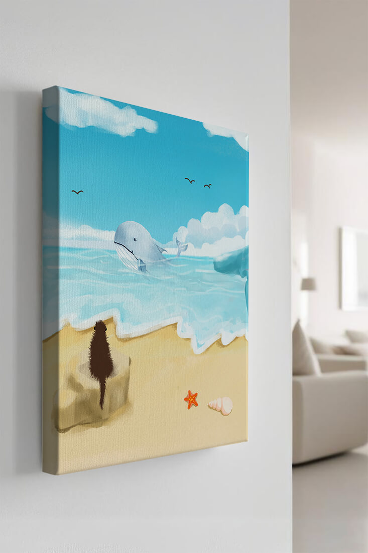 Vista al océano con ballena y elementos de playa