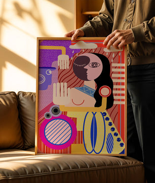 Abstrakte geometrische Kunst mit einer weiblichen Figur in leuchtenden Farben