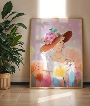 Mujer elegante con sombrero floral entre flores coloridas