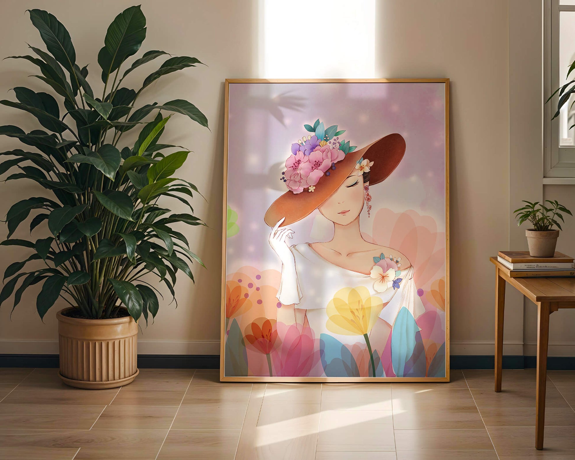Mujer elegante con sombrero floral entre flores de colores