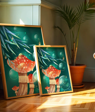 Whimsical forest scene with mushrooms and glowing bubbles