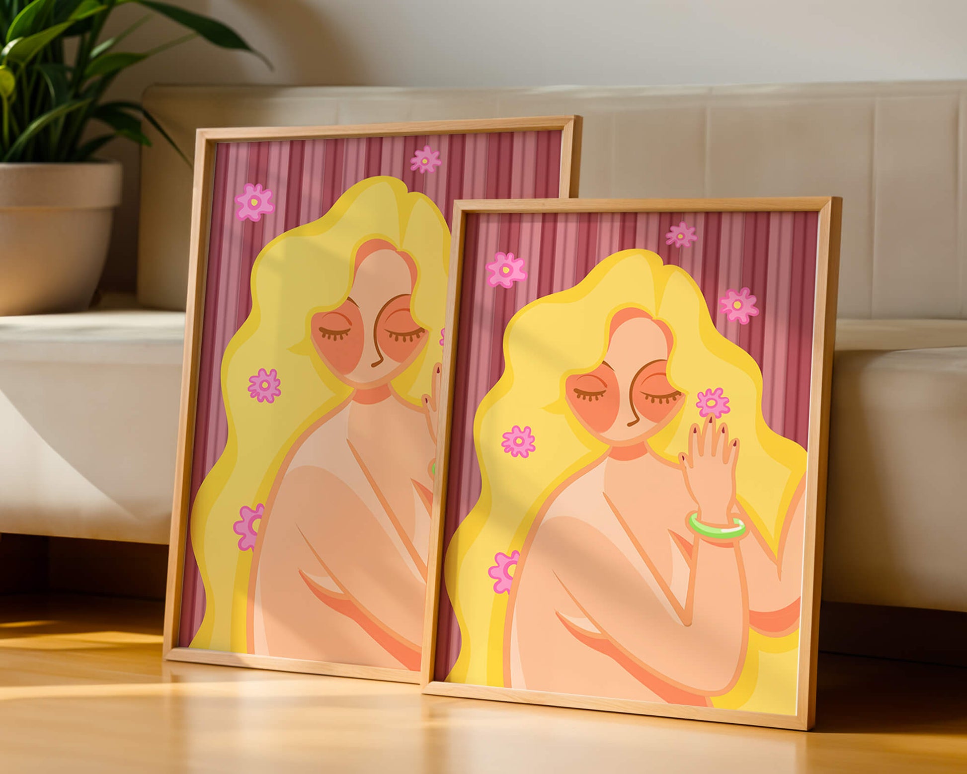 Ilustración abstracta de una mujer serena con el pelo largo y rubio y flores