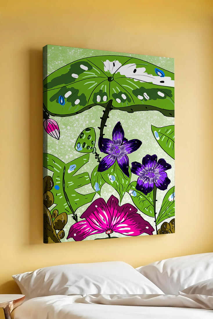 Bunte Blumenillustration mit exotischen Blumen und Blättern