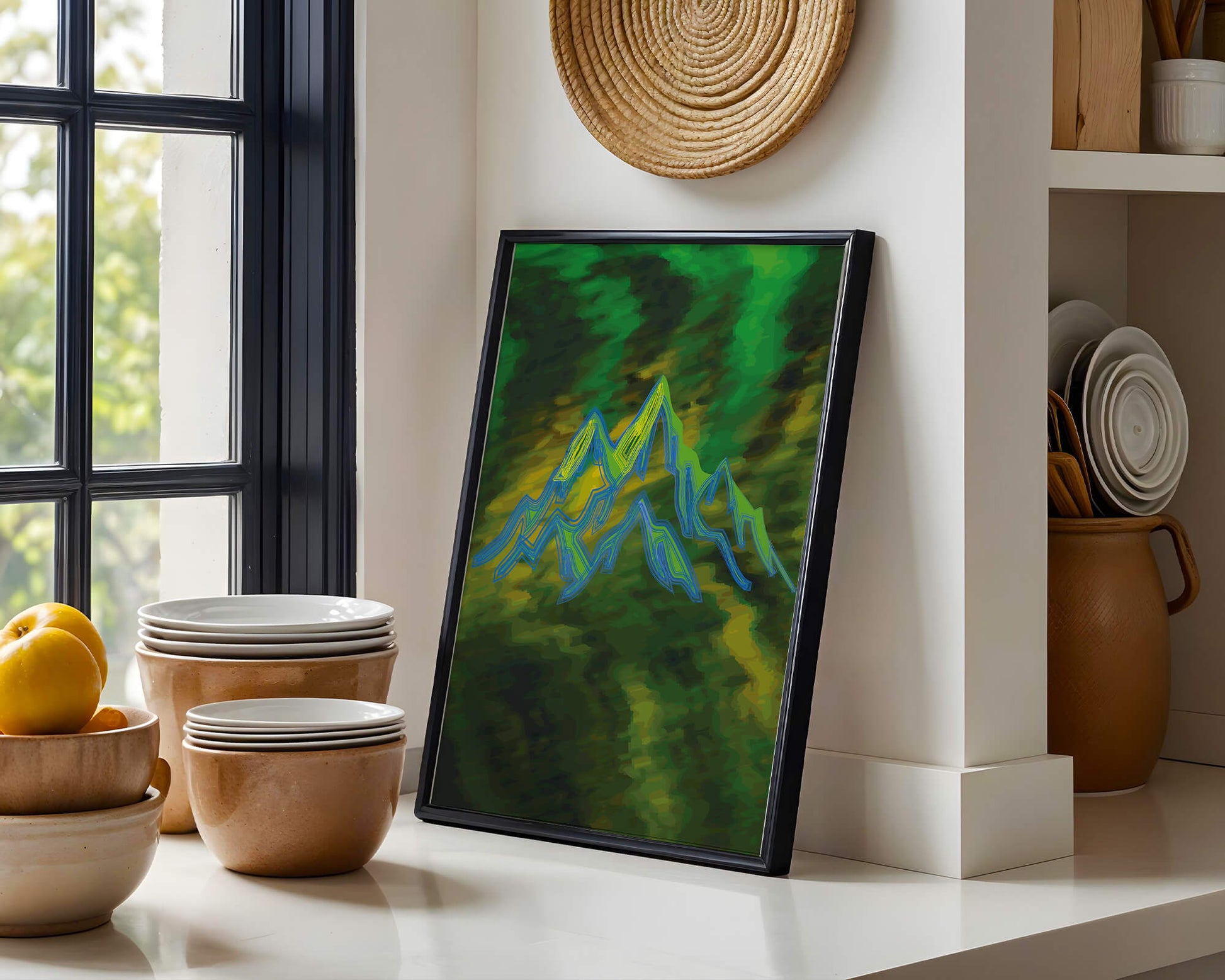 Abstract mountain landscape with vibrant colors and geometric lines