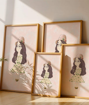 Ilustración encantadora de una niña con vestido y sombrero floral
