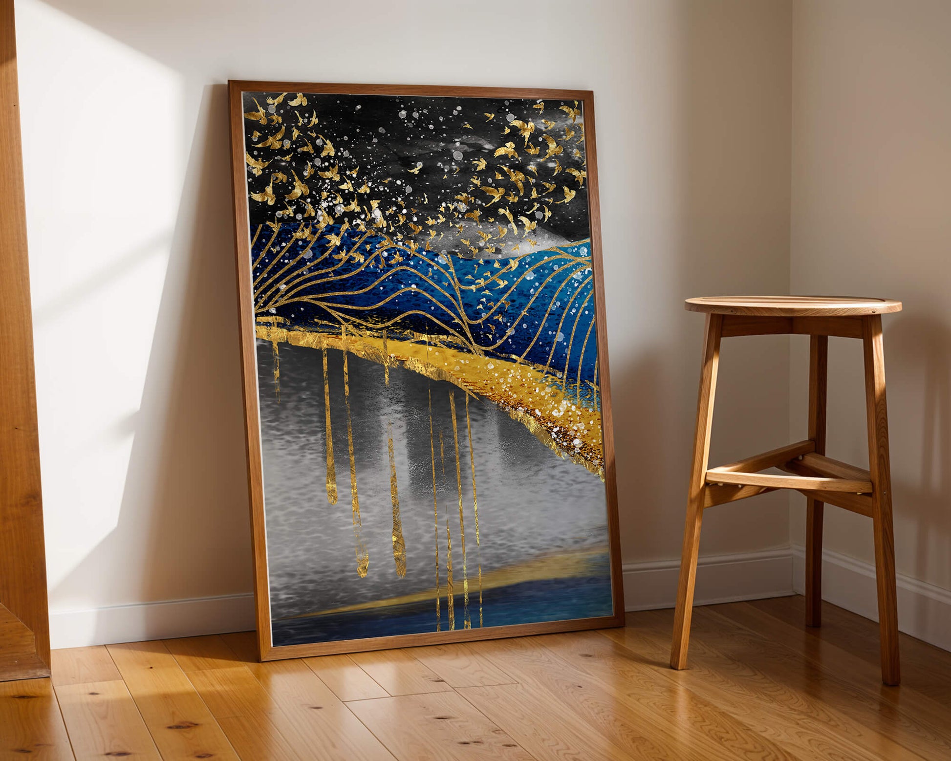 Abstract Night Sky With Golden Birds And Waves