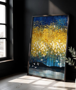 Vibrant Forest Landscape with Birds and Golden Leaves
