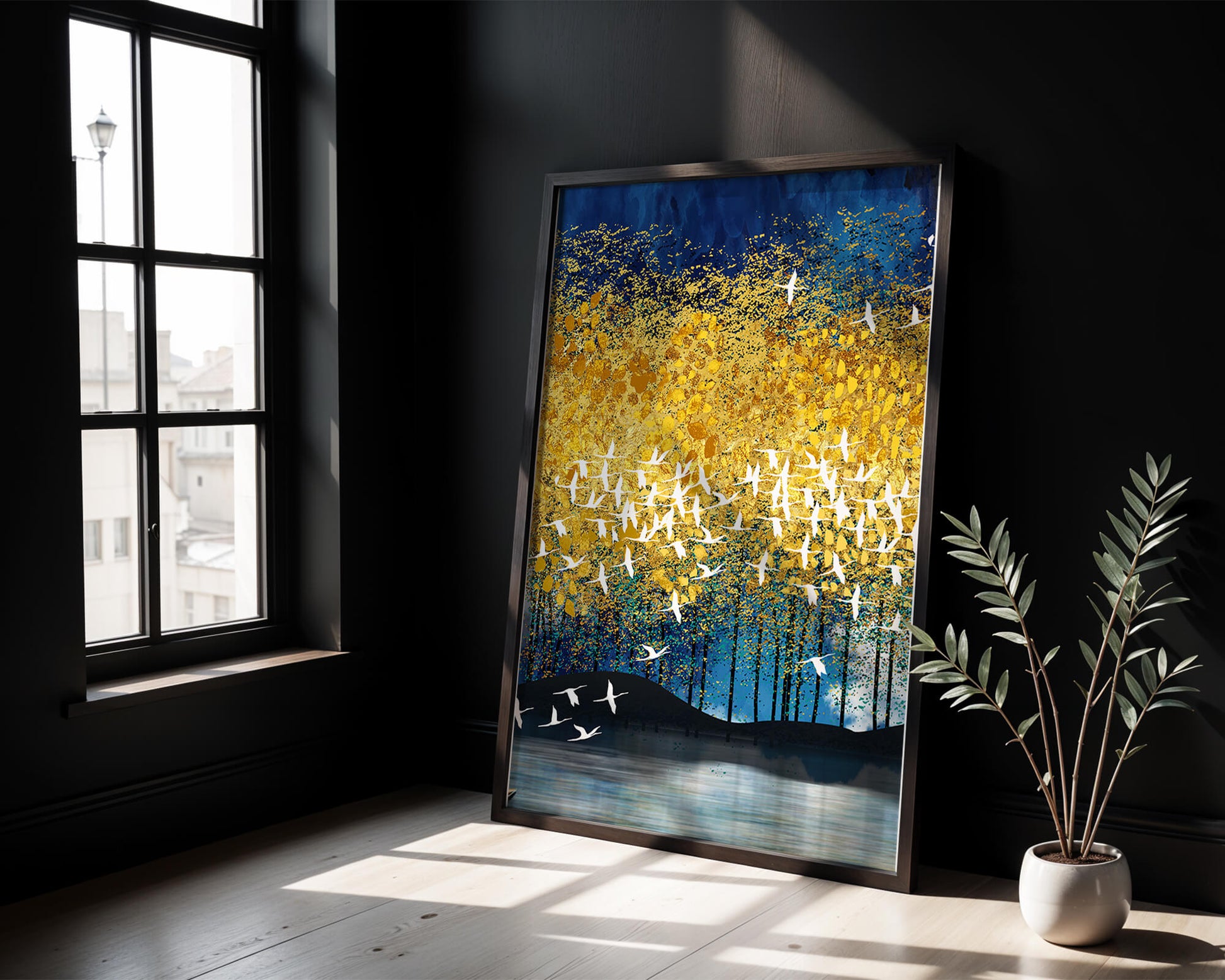 Vibrant Forest Landscape with Birds and Golden Leaves