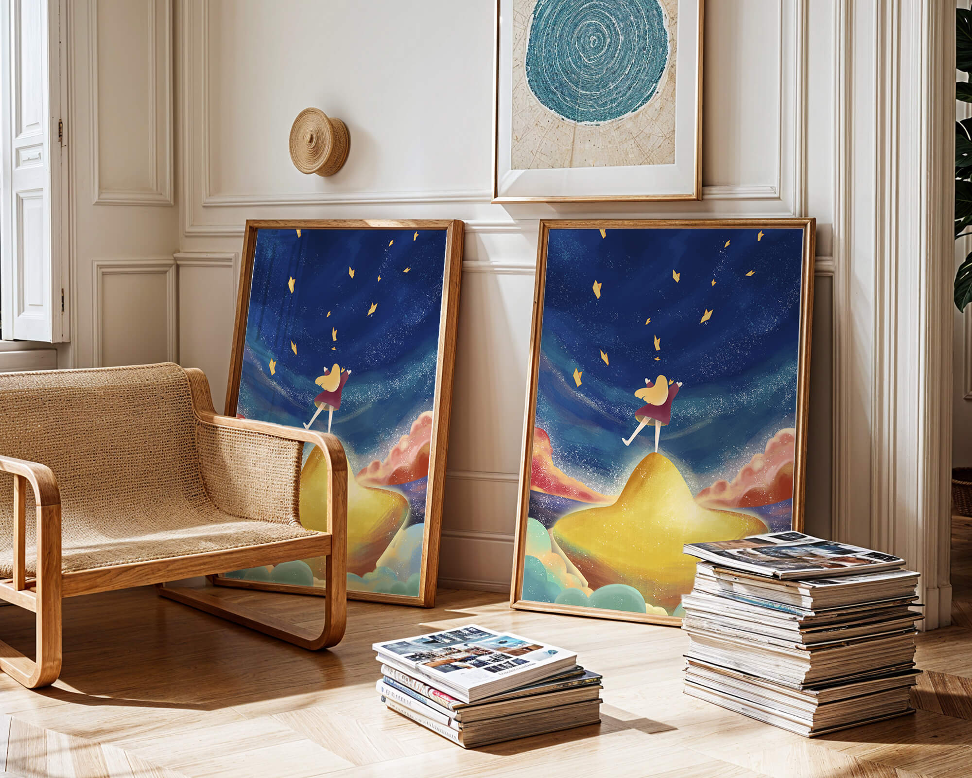 Girl standing on a golden hill reaching for stars in a dreamy night sky