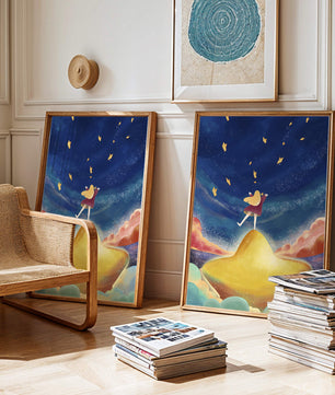 Girl standing on a golden hill reaching for stars in a dreamy night sky