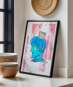 Illustration artistique d’un personnage au visage bleu avec une couronne dorée sur un fond abstrait