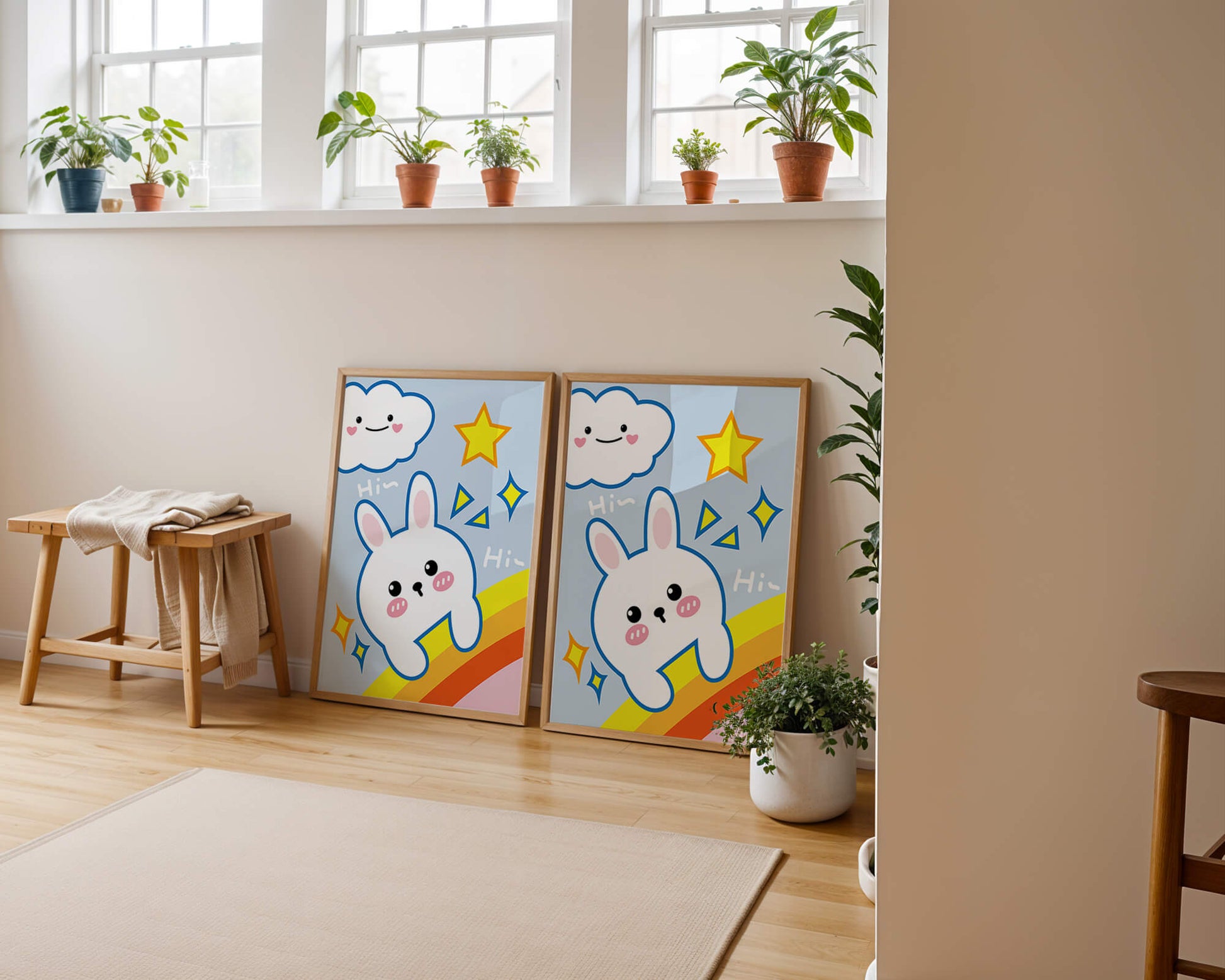 Whimsical cartoon bunny with cloud and rainbow theme