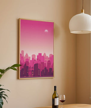 Skyline urbano al anochecer con degradado rosa y noria