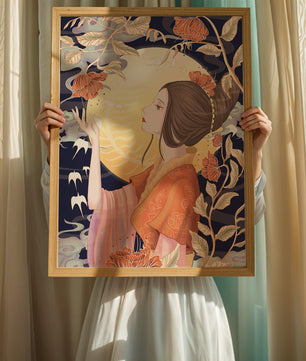 Illustration élégante d'une femme avec des éléments floraux sous la lumière de la lune