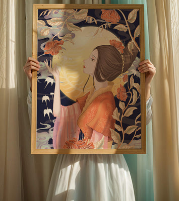 Elegant illustration of a woman with floral elements under the moonlight