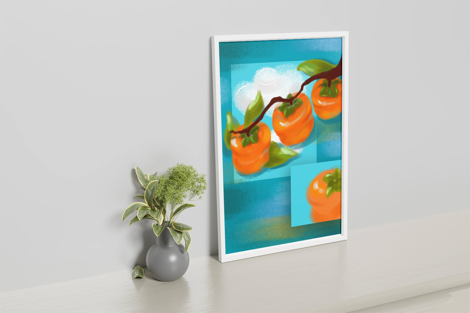 Vibrant persimmons on a branch with a blue background