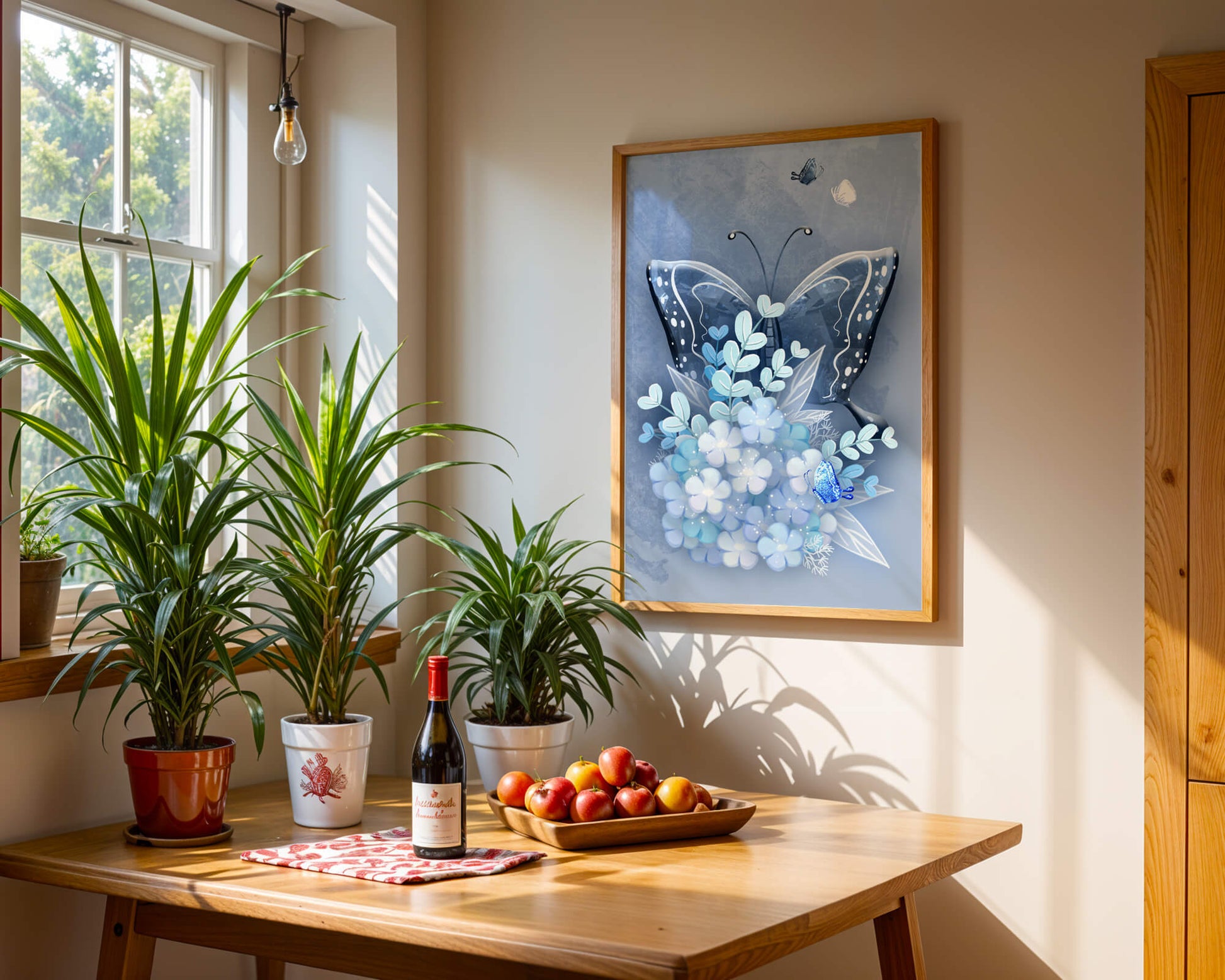 Floral and butterfly digital artwork in calming blue shades