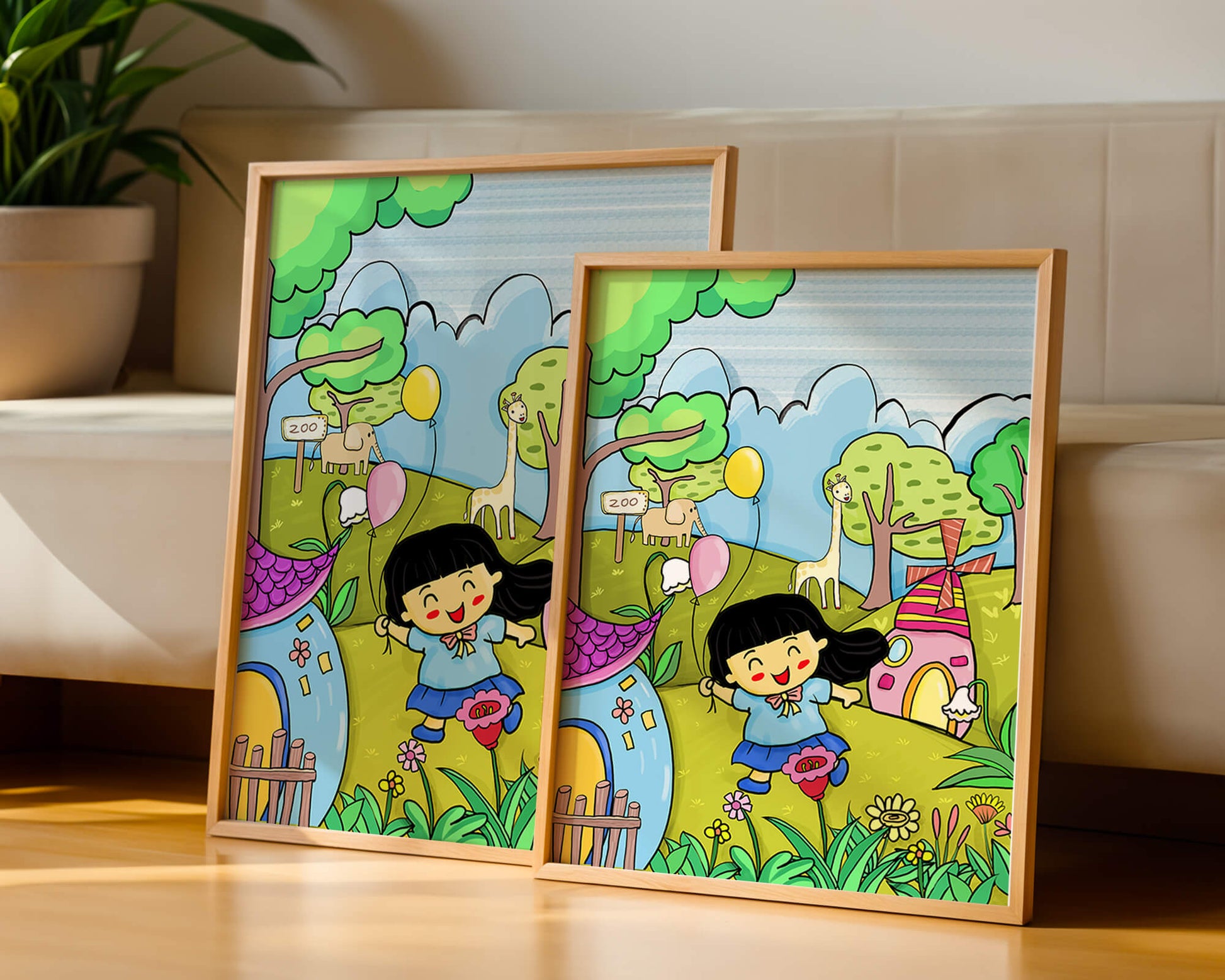 Colorful children's illustration of a joyful zoo visit with animals